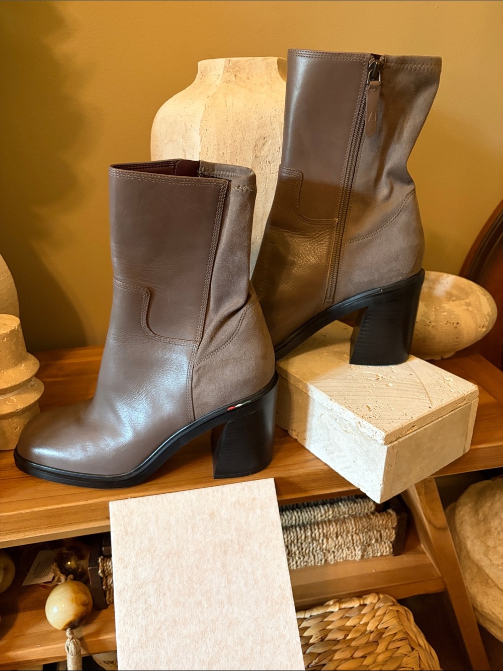 Franco Sarto Taupe Leather Mid-Calf Block Heel Boots - Picture 3 of 11
